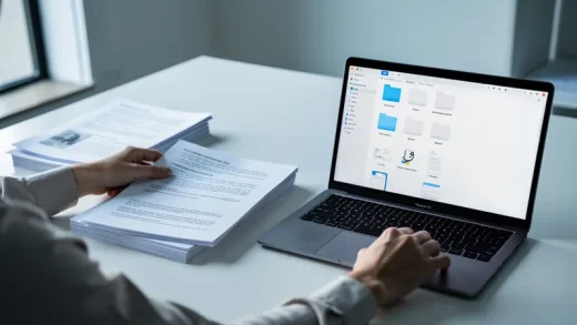 Kontorsskrivbord med papper och laptop visar digitaliseringens paradox