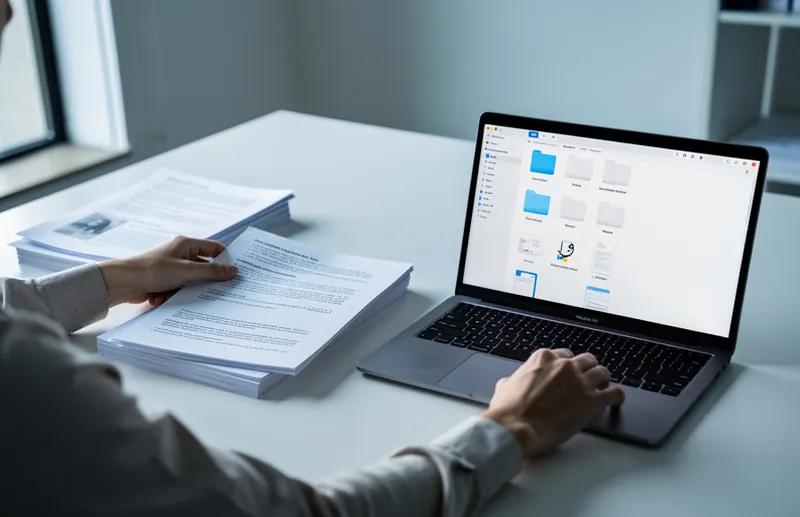 Kontorsskrivbord med papper och laptop visar digitaliseringens paradox