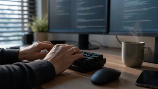 Händer som skriver på tangentbord vid skrivbord med datorskärmar i bakgrunden