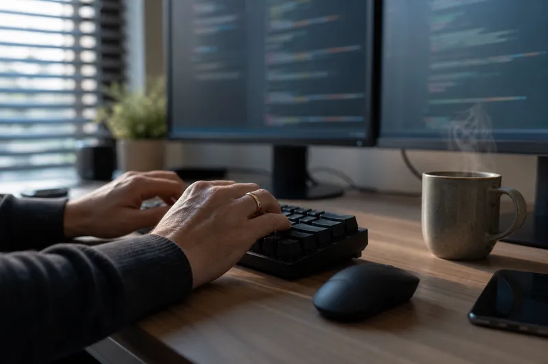 Händer som skriver på tangentbord vid skrivbord med datorskärmar i bakgrunden