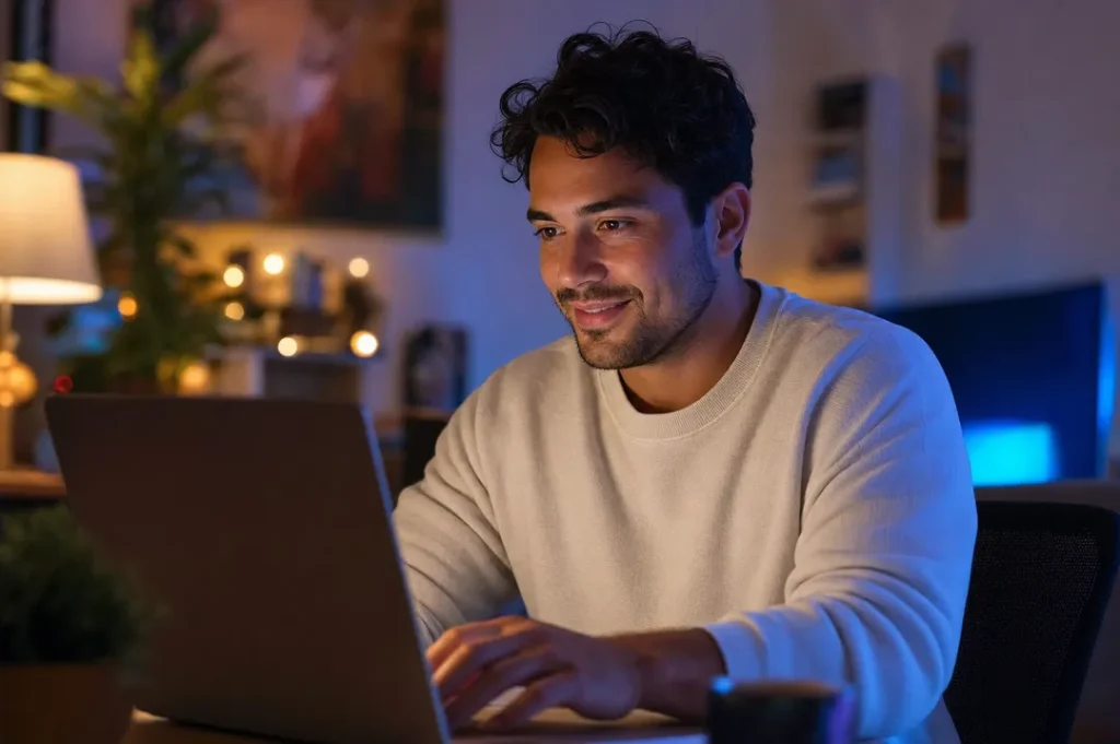 Person vid laptop med förväntansfull min i varm belysning