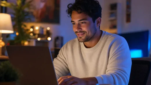 Person vid laptop med förväntansfull min i varm belysning
