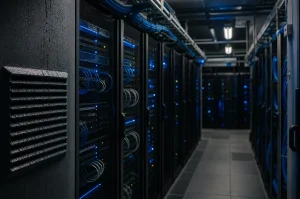 Serverhall med blått sken från kablage, symbol för digitalt cyberförsvar