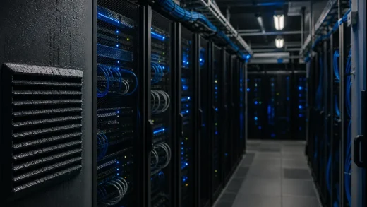 Serverhall med blått sken från kablage, symbol för digitalt cyberförsvar