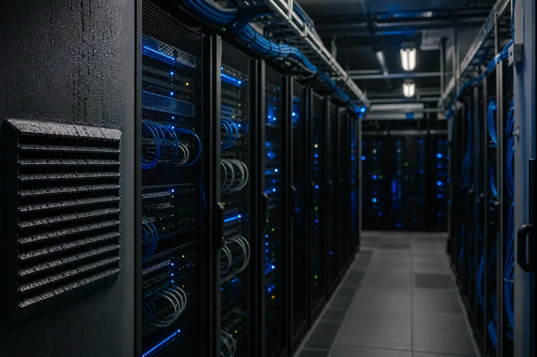Serverhall med blått sken från kablage, symbol för digitalt cyberförsvar