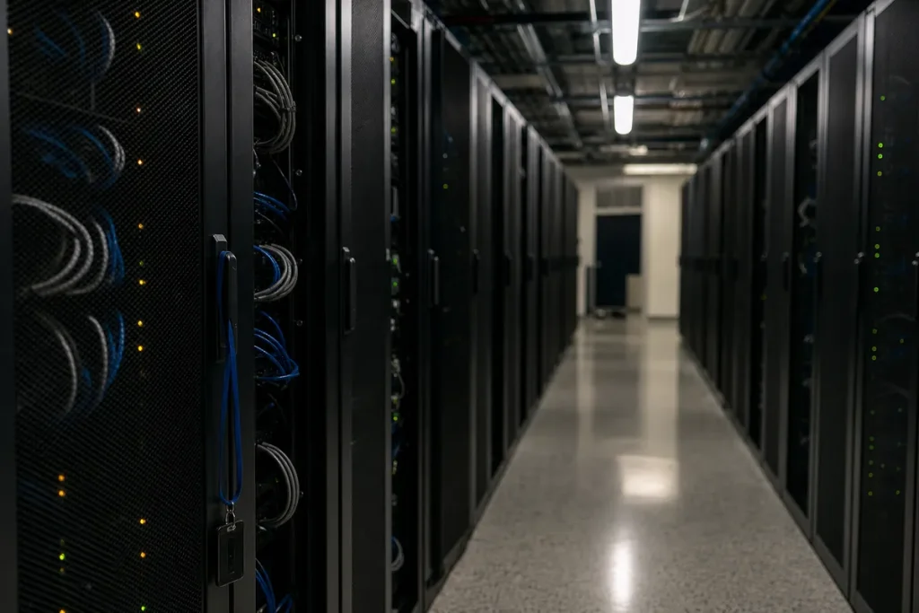 Serverkorridor i mörk kommunal byggnad symboliserar hotet mot samhällskritisk infrastruktur