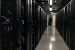 Serverkorridor i mörk kommunal byggnad symboliserar hotet mot samhällskritisk infrastruktur
