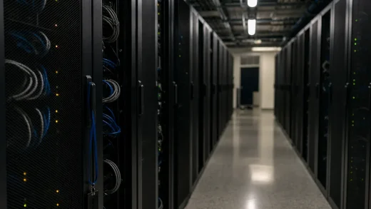 Serverkorridor i mörk kommunal byggnad symboliserar hotet mot samhällskritisk infrastruktur